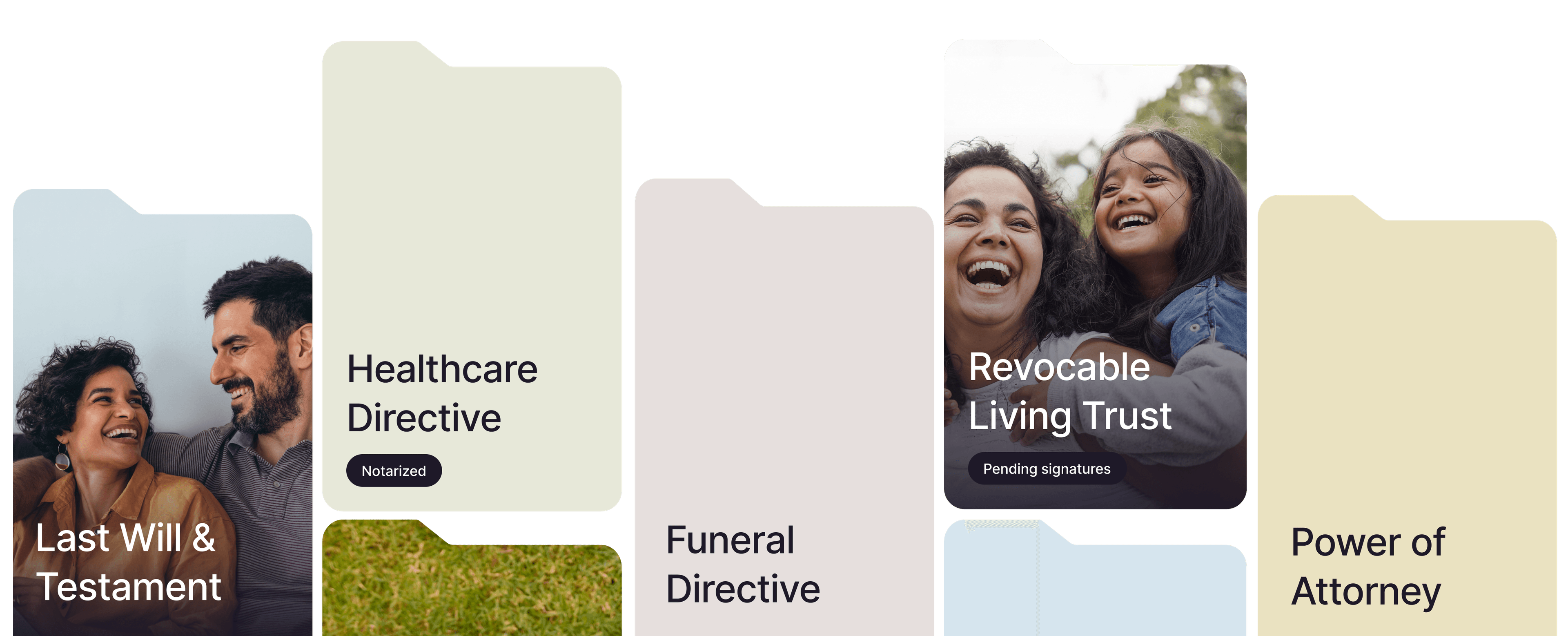 A graphic display featuring an array of folders representing different estate planning documents. The folders include "Last Will & Testament," "Healthcare Directive" (notarized), "Funeral Directive," "Revocable Living Trust" (pending signatures), and "Power of Attorney." The card for "Last Will & Testament" shows a couple smiling at each other, and the "Revocable Living Trust" card features a joyful woman and a young girl outdoors.