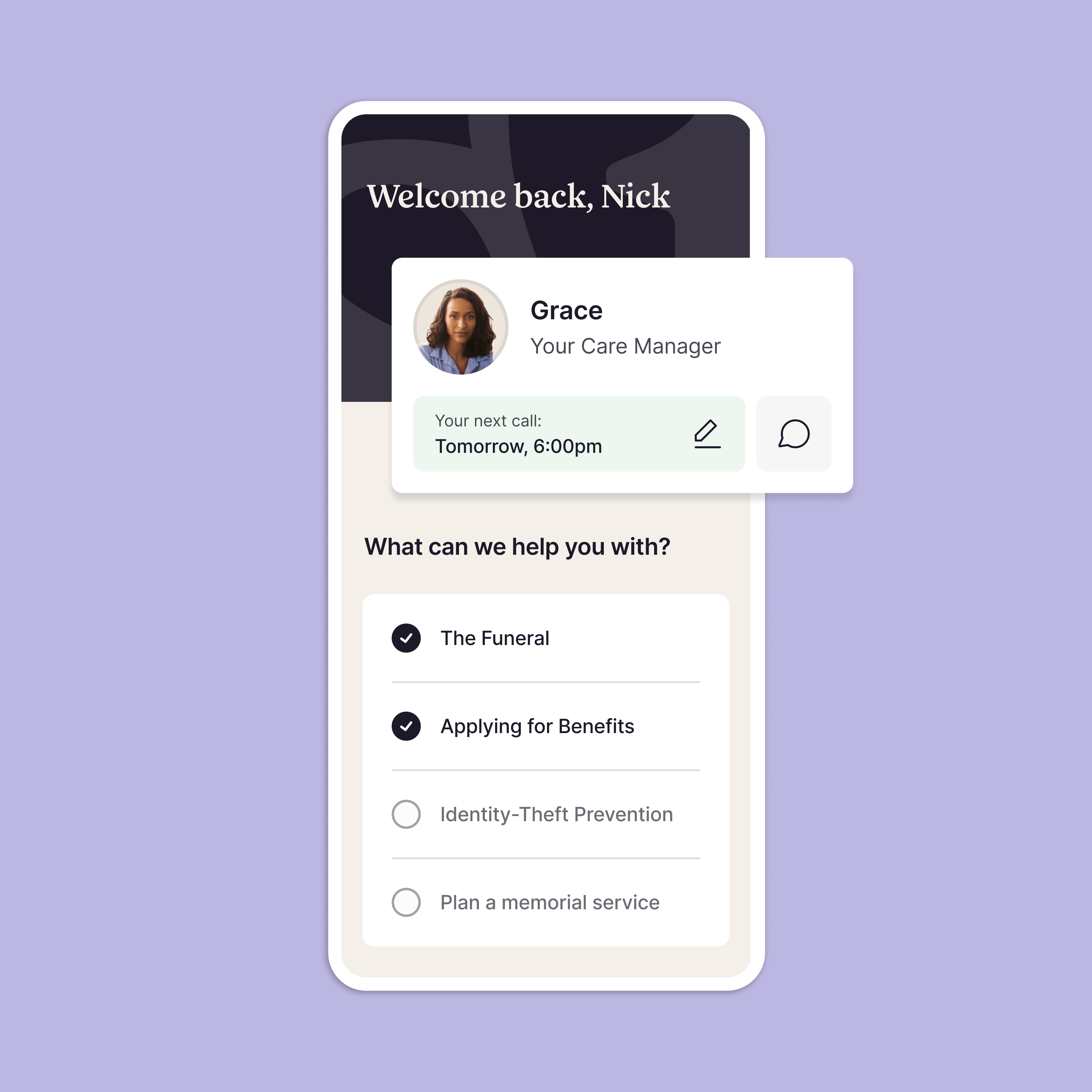 phone screen showing the user that their next call with Grace, their care manager, is tomorrow at 6